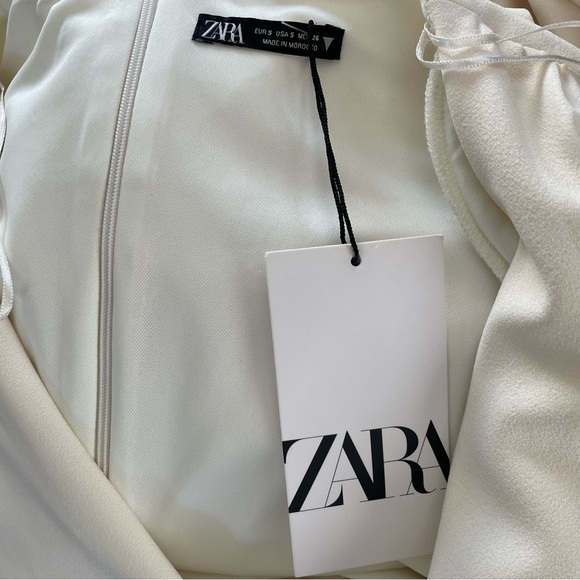 Zara Ruched Deep V Plunge Mini Dress Cream Long Sleeves Bodycon Size Small NWT - Picture 9 of 10